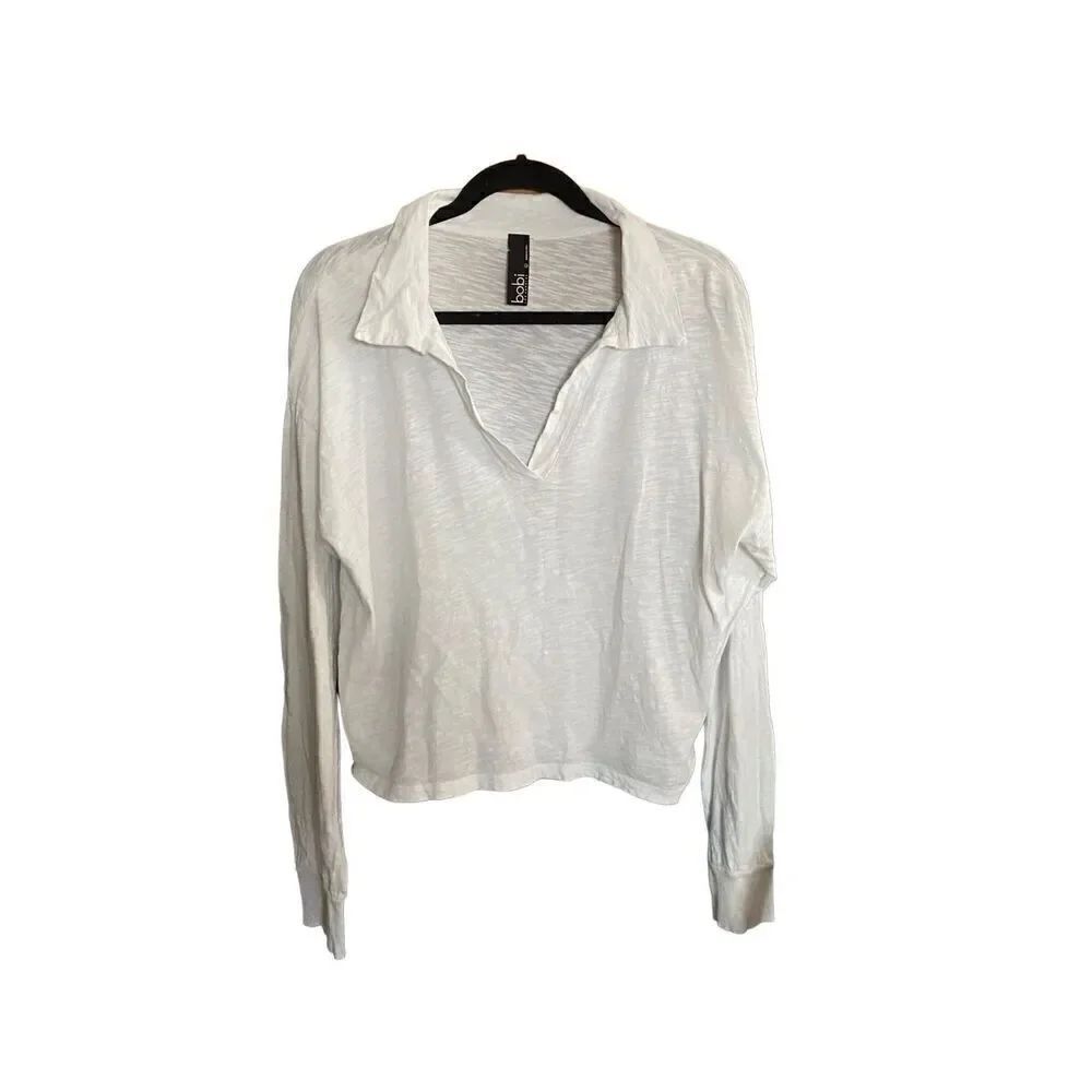 Bobi women’s white long sleeve collared cropped polo top S/L